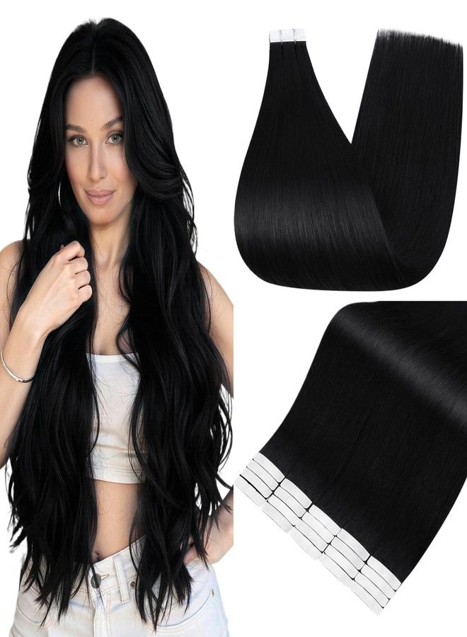 فشاين وصلات شعر طبيعي أسود لامع بالكامل، طول 24 بوصة، لون أسود فاحم، وصلات شعر طبيعي ناعم غير مرئية، 20 قطعة، 50 غرام، وصلات شعر ريمي منسوجة بدون خياطة، تضيف طولاً - Image 1